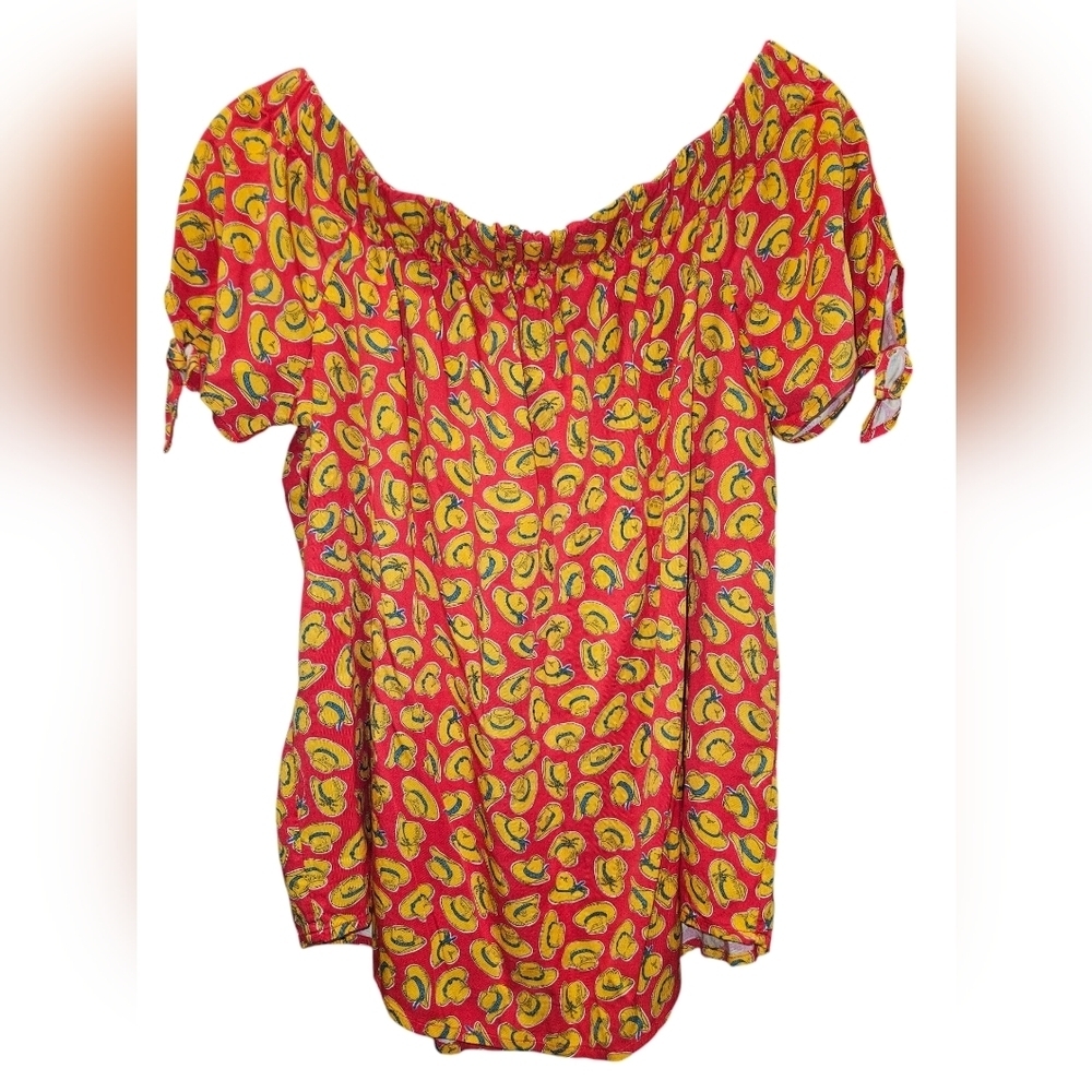 Woman's Wrangler Retro off shoulder ss red cowboy hat blouse  L NWOT Western